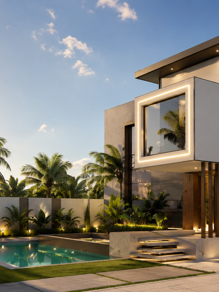 Modern minimalist architectural villa featuring clean geometric lines, large glass facades, and integrated natural landscape elements at dusk.