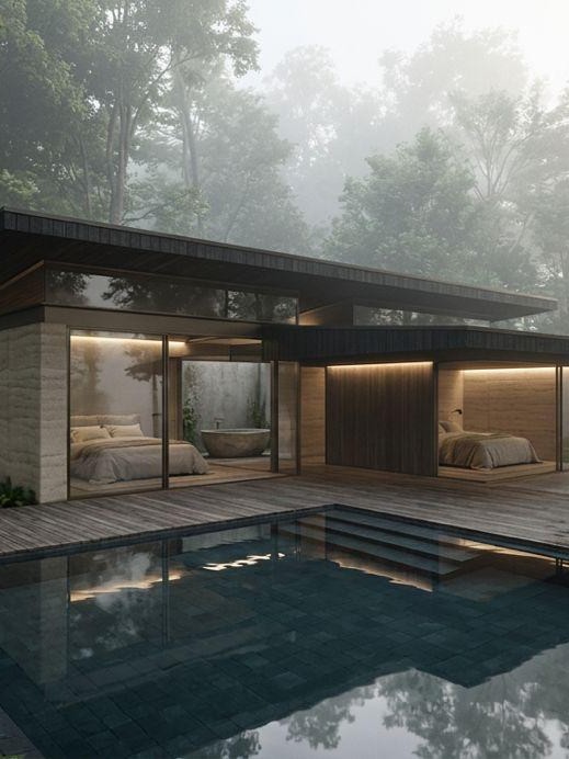 Modern flat-roof forest lodge with a swimming pool at dusk, surrounded by lush green trees.